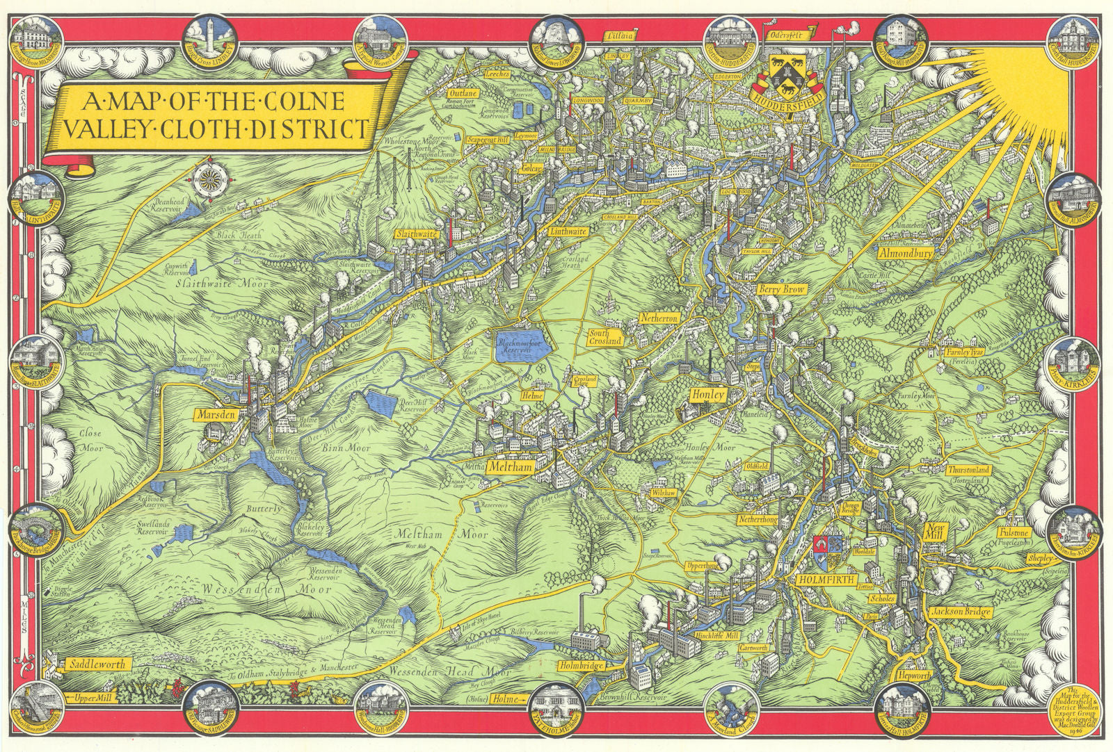 The Colne Valley Cloth District pictorial map. Huddersfield. Macdonald Gill 1946